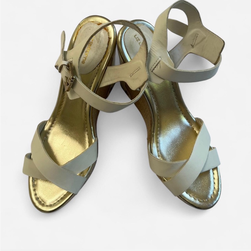 Liz Claiborne | Vintage Cream and tan leather strappy wedges